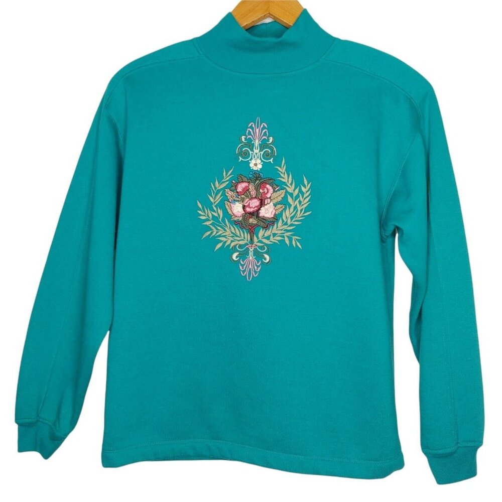 Vintage Womens S Embroidered Floral Sweatshirt Cottagecore Turquoise Mock Neck